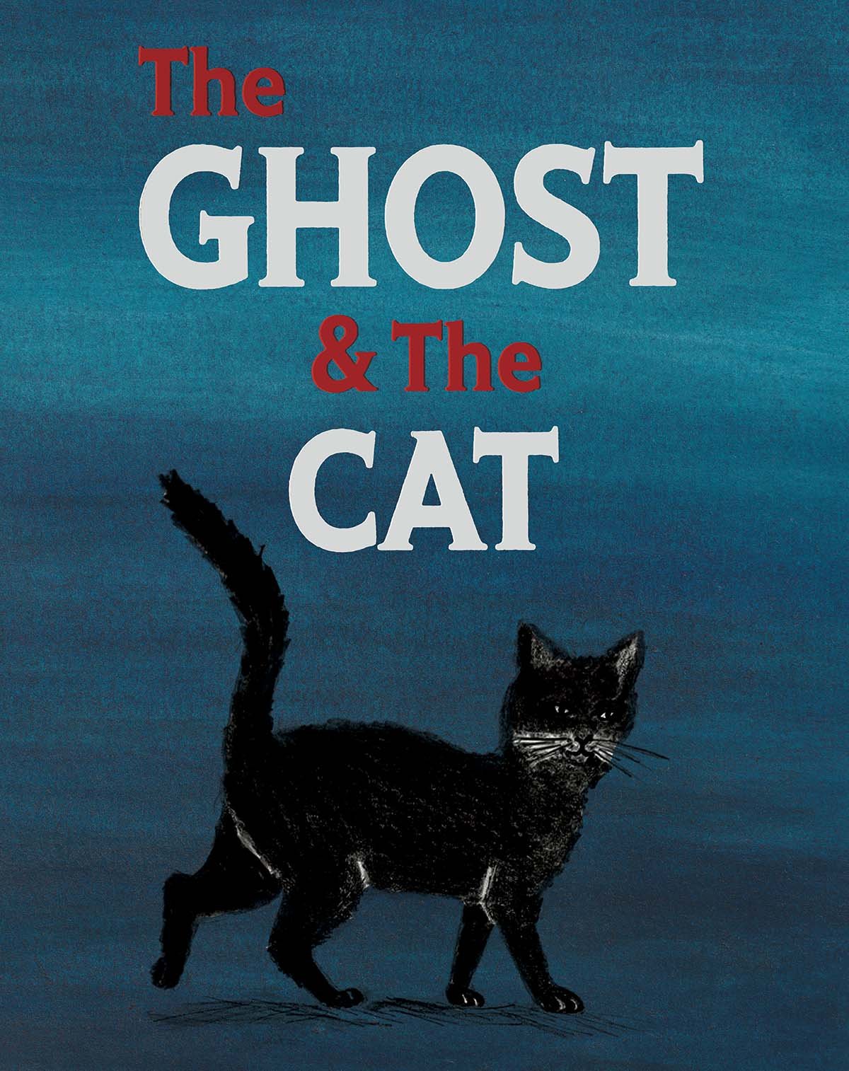 Book cover with the title 'The Ghost & The Cat' and an illustration of a black cat with green eyes on a blue background. The Ghost and the Cat (c) Jeffrey Dowson and Giselle Fernández Pérez 2026.