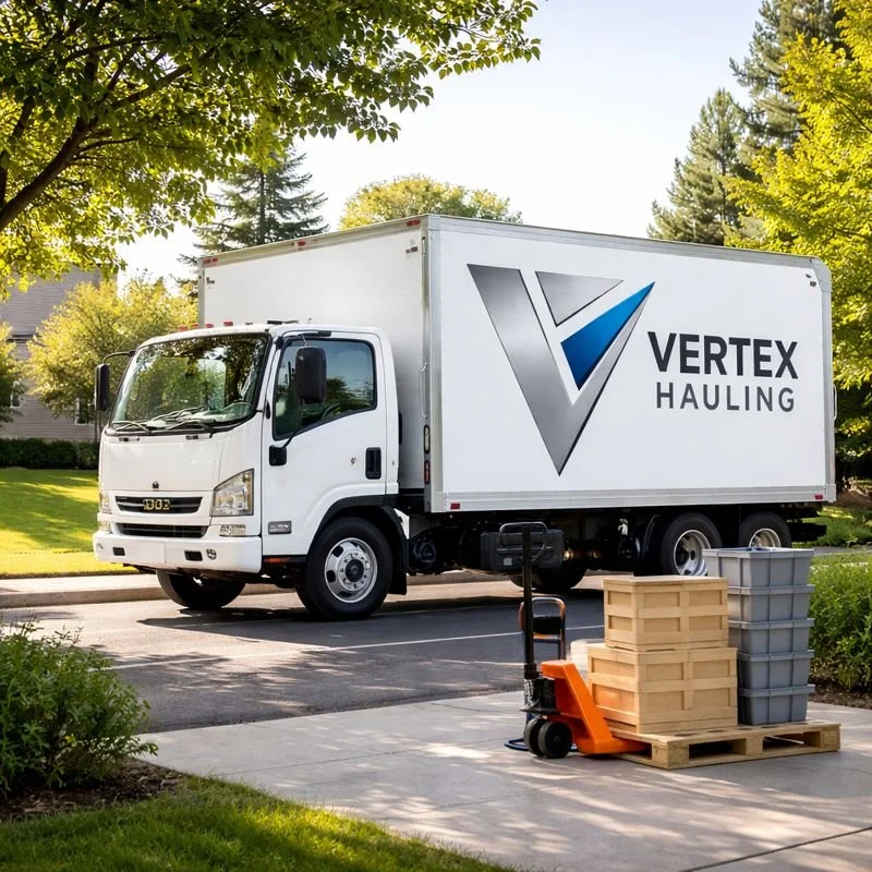 A Vertex Hauling moving truck parked in a residential neighborhood with trees and houses in the background. There are wooden pallets and plastic storage bins on a sidewalk, and a hand truck is nearby.