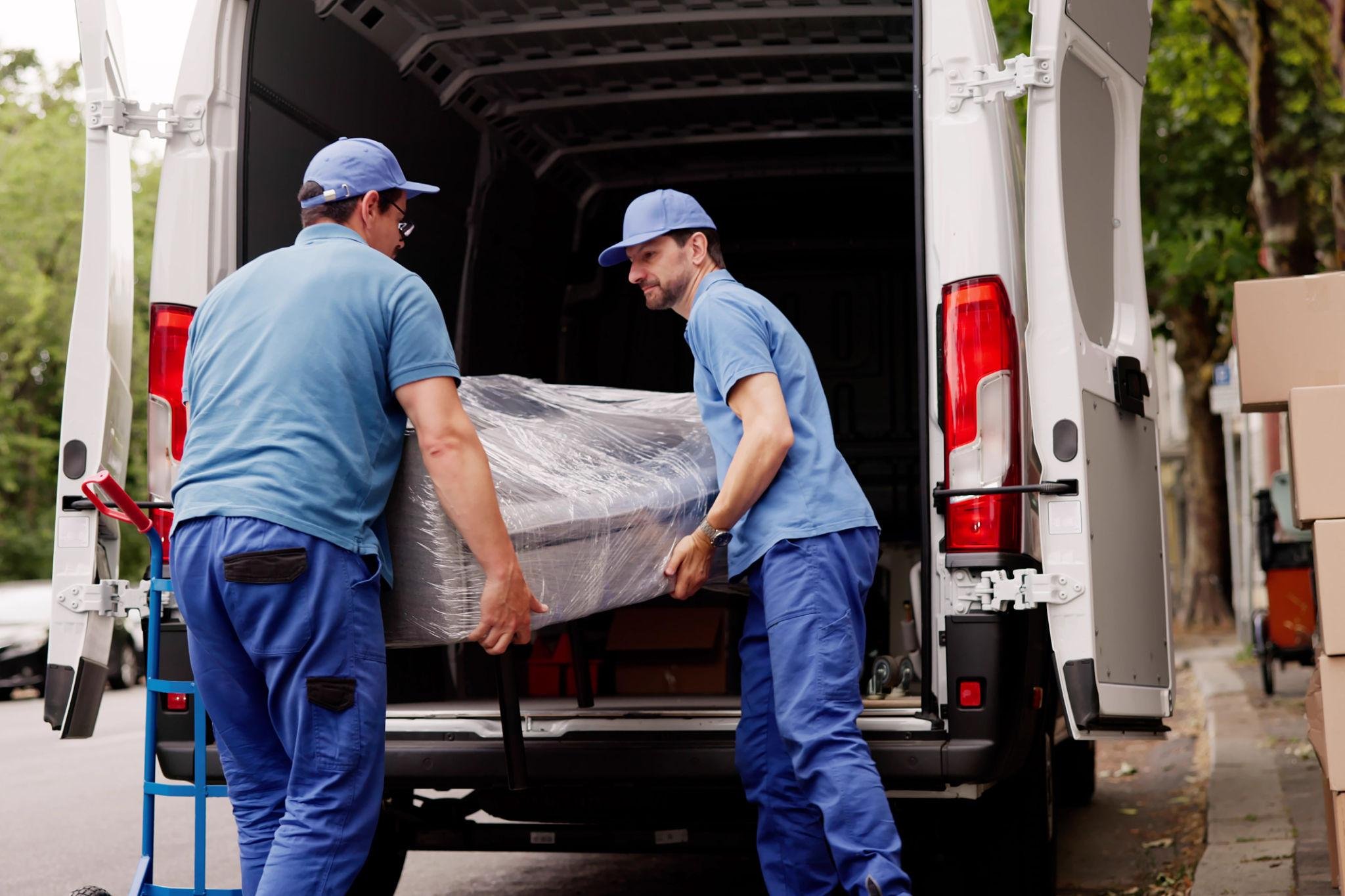 Two delivery workers in blue uniforms loading a wrapped mattress into the back of a white delivery van outdoors.