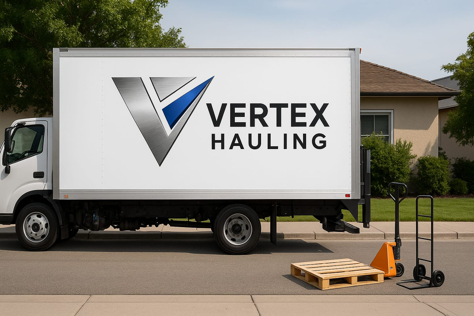 White moving truck with Vertex Hauling logo parked on a suburban street with house and trees in background; pallet, hand truck, and orange safety cone on street in front of truck.