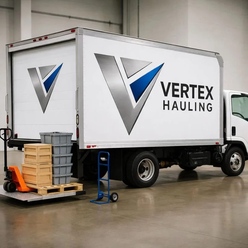 A Vertex Hauling delivery truck parked inside a warehouse with a stack of wooden crates and plastic bins on a pallet, a hand truck, and a dolly nearby.