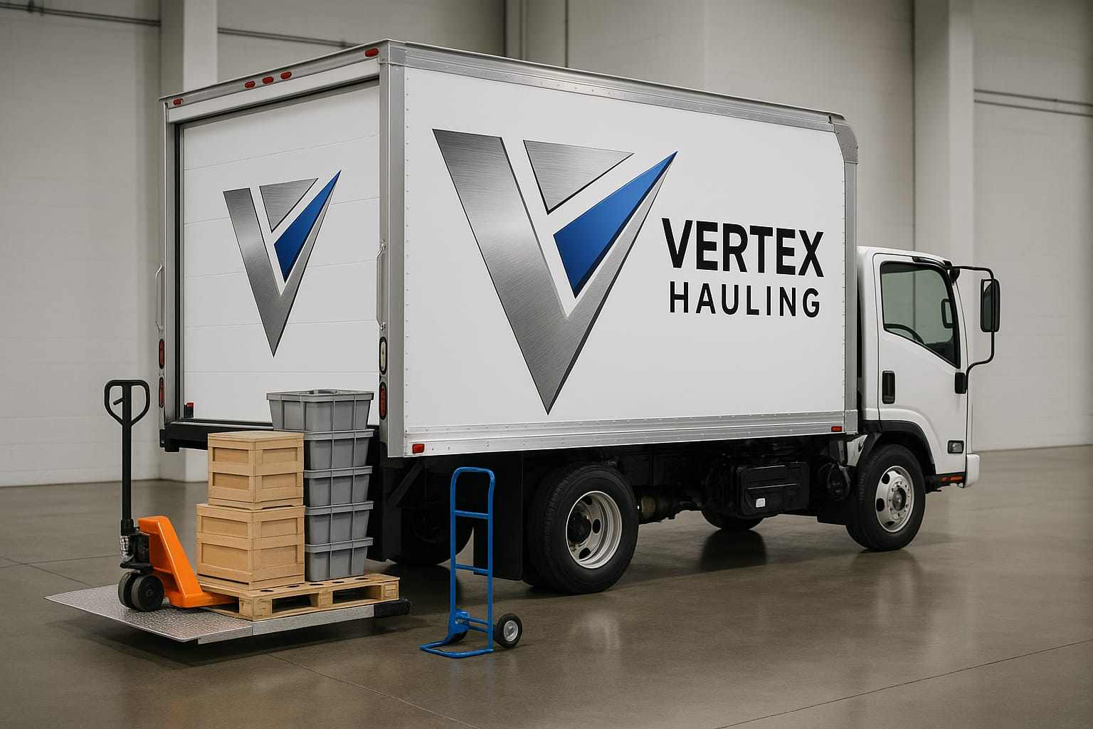 A white Vertex Hauling delivery truck parked inside a warehouse. The truck has a large logo with a stylized V and the company name. There's a hand truck, wooden pallets, and stacked storage bins nearby.