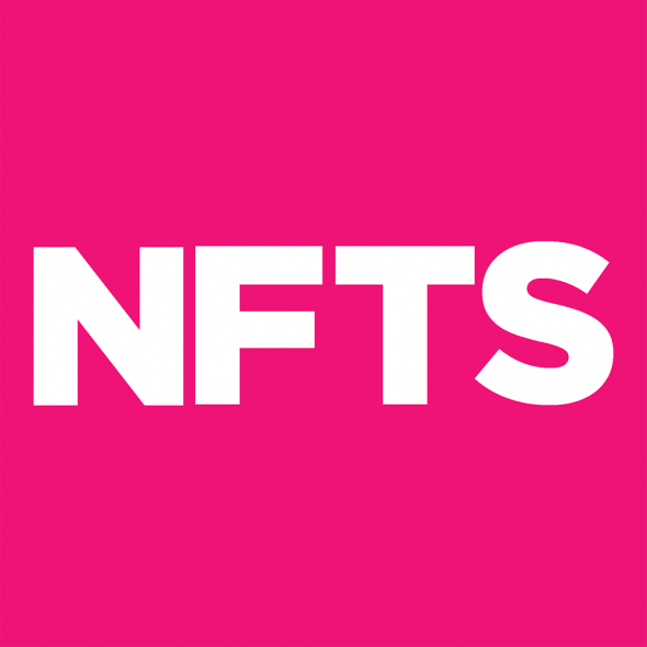 Pink background with the white text 'NFTs' in bold capital letters.