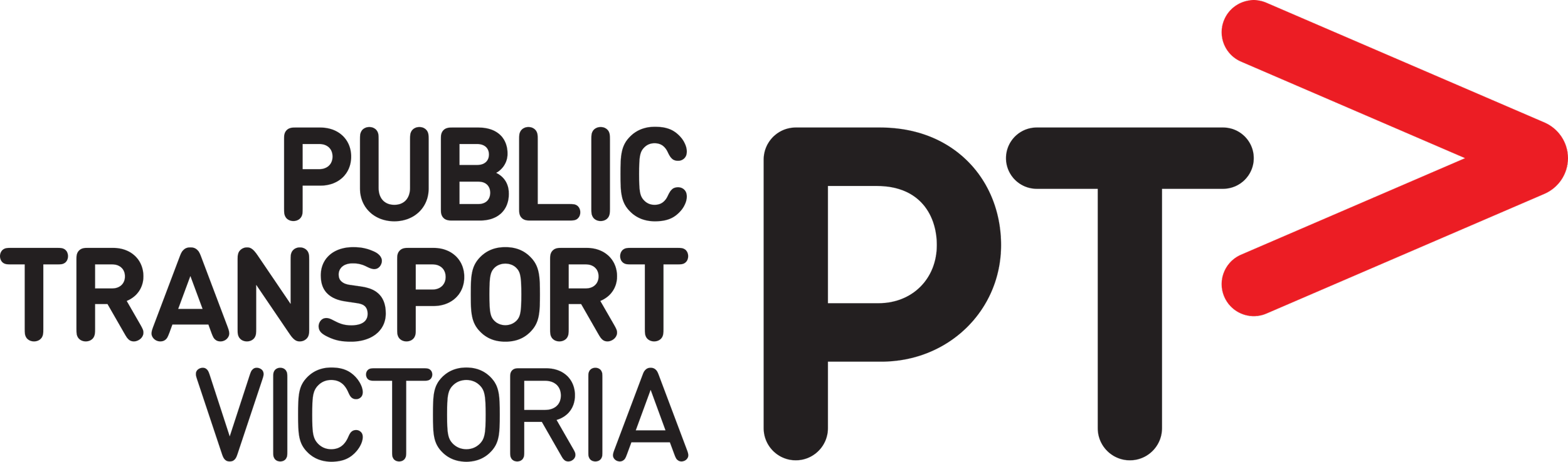 Public transit logo with black text and a red arrow pointing to the right.
