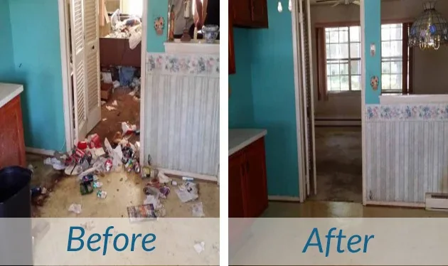 Comparison of a messy room with trash and clutter on the floor in the 'Before' image, and a clean, organized room in the 'After' image.