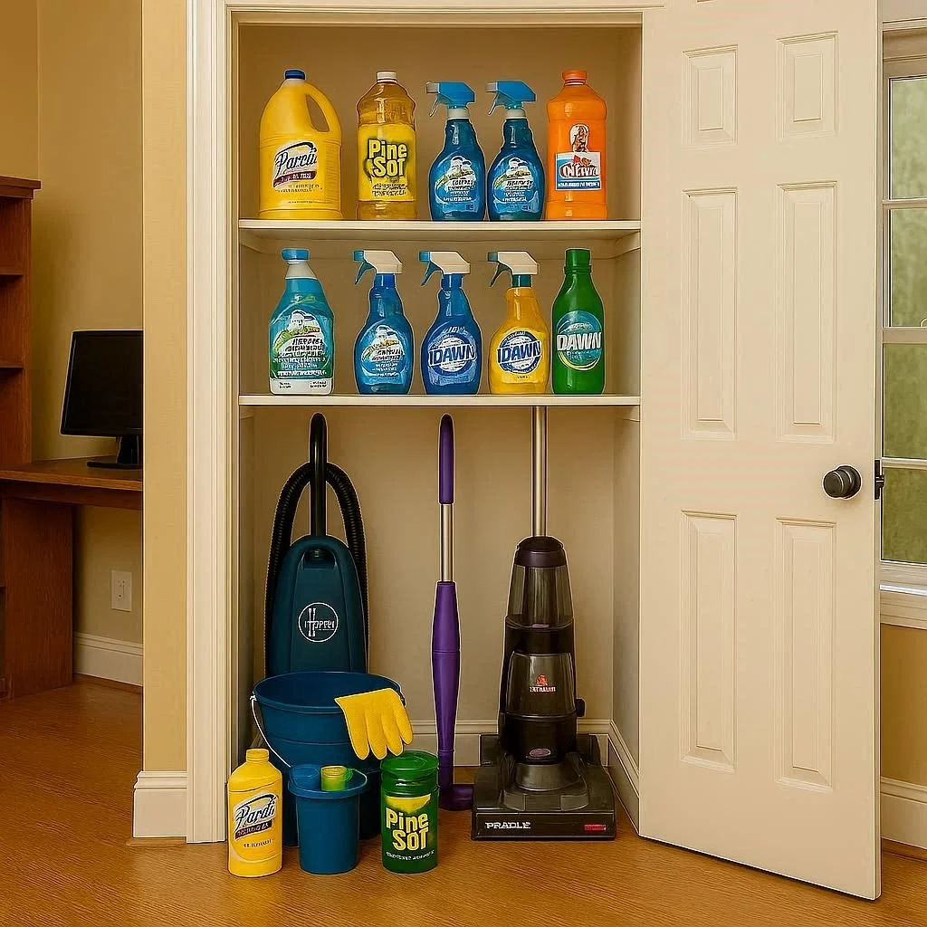 A closet with cleaning supplies and equipment, including spray bottles, cleaning liquids, a vacuum, a mop, and a blender.