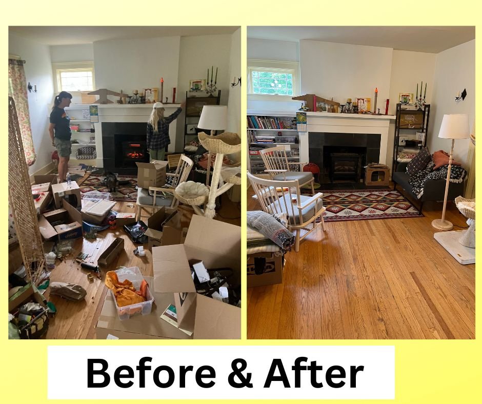 Side-by-side comparison of a living room before and after cleaning, showing cluttered space with scattered boxes and items on the left, and a tidy, organized room on the right.