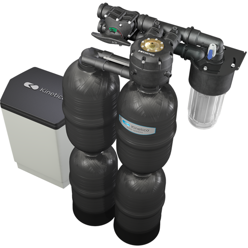 Whole home water treatment system with multiple black tanks, a control valve, and a filtration unit