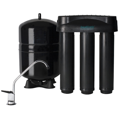 A water filtration system with a faucet.