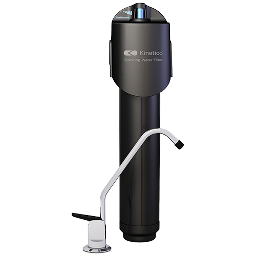 A water filter system with a black cylindrical filter and a chrome faucet attached.