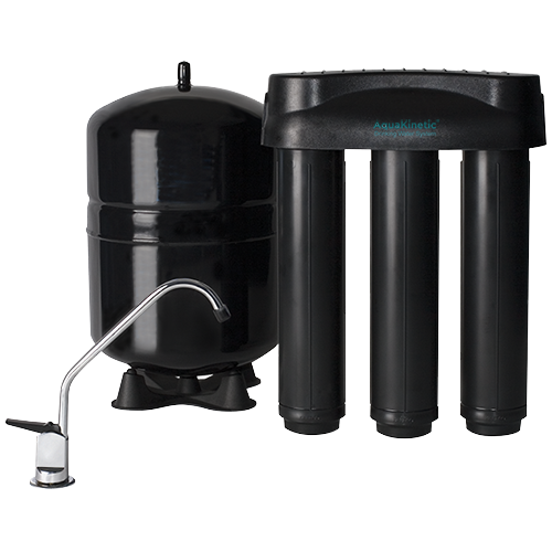 A water filtration system with a black water tank, faucet, and three vertical filters.
