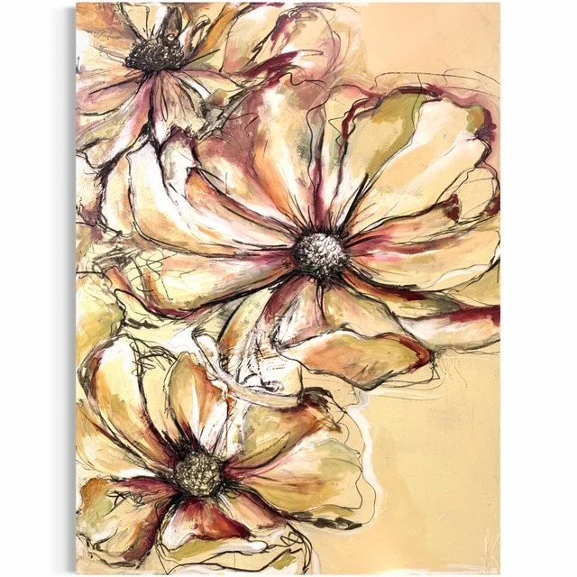 A watercolor painting of three large flowers with soft pink and beige petals and dark centers on a light beige background.