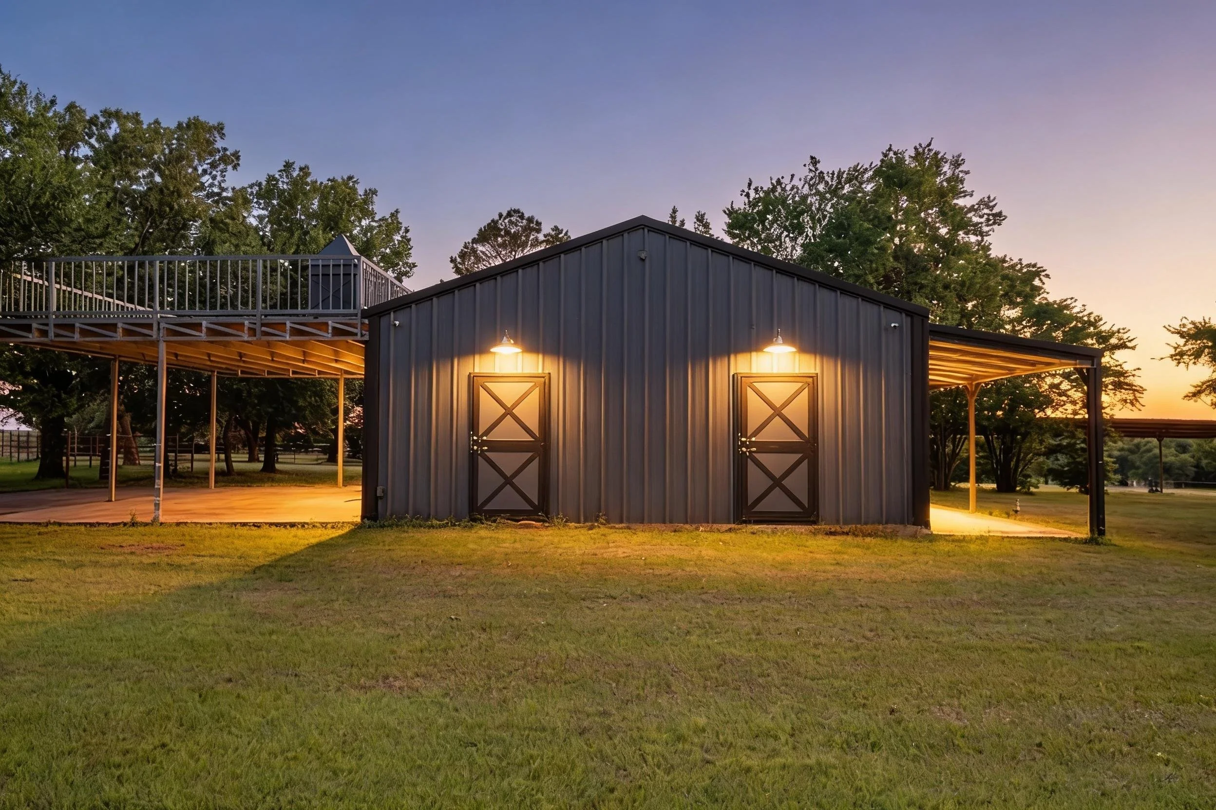 A metal barn with two doors illuminated by outdoor lights at sunset. Behind the barn, there are trees and a clear sky.