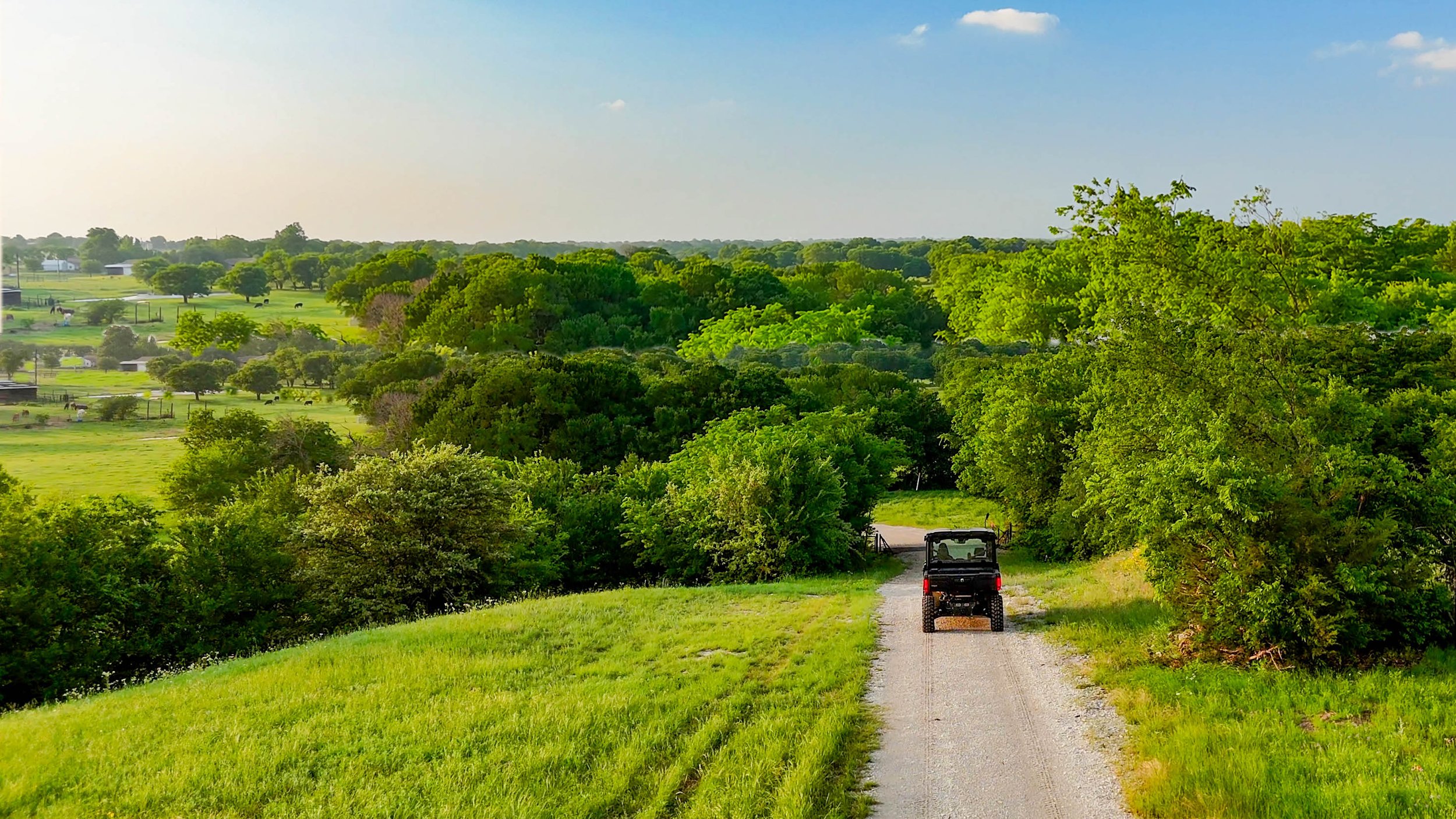 A rural landscape with lush green trees, open fields, and a narrow dirt road leading to a golf cart parked on the grass. The background shows distant trees and clear blue sky with a few clouds.