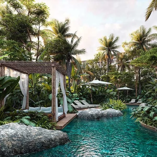 relaxing pool with cabana
