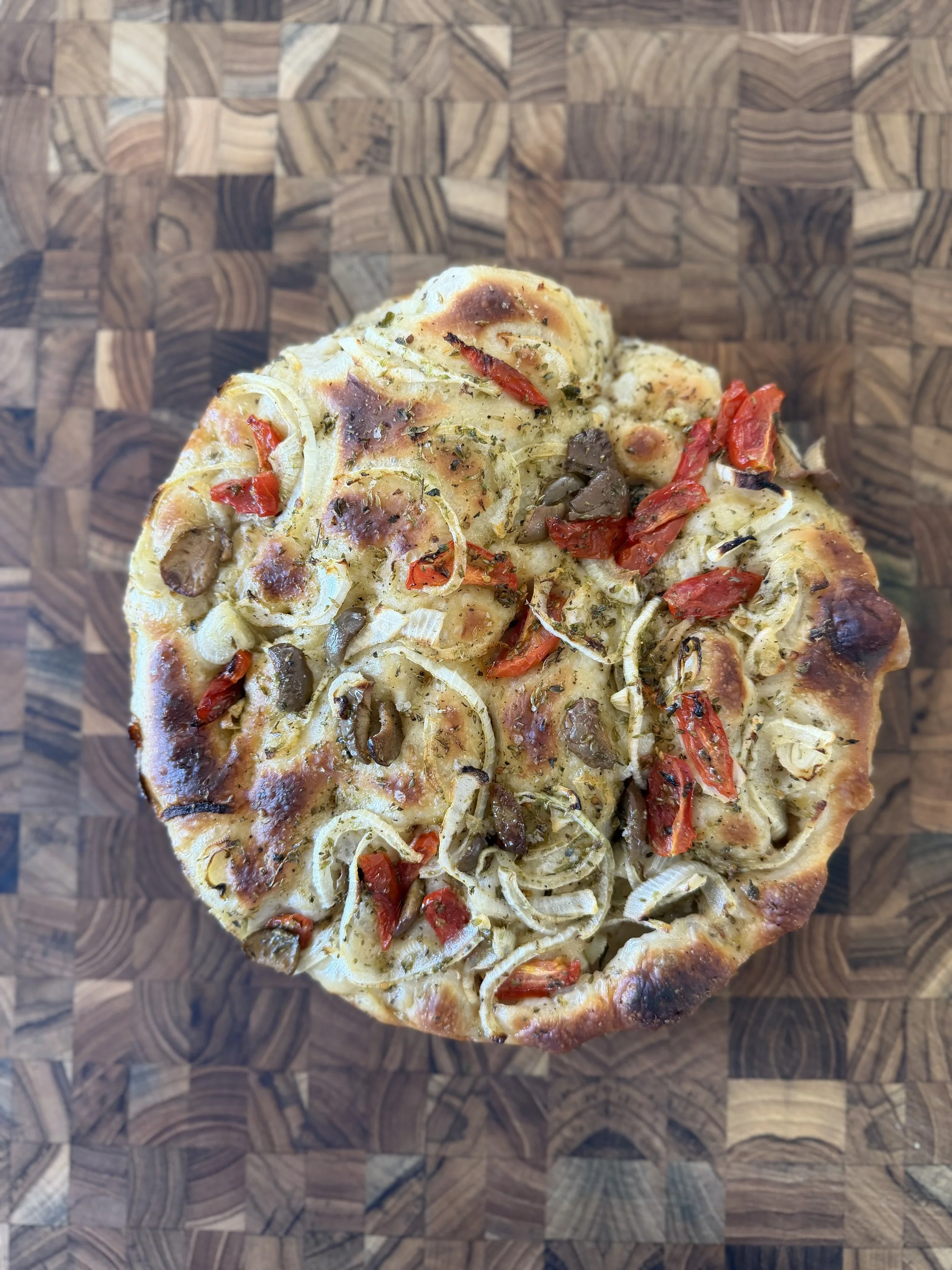 Homemade Focaccia with Tomatoes, Onions &amp; Olives