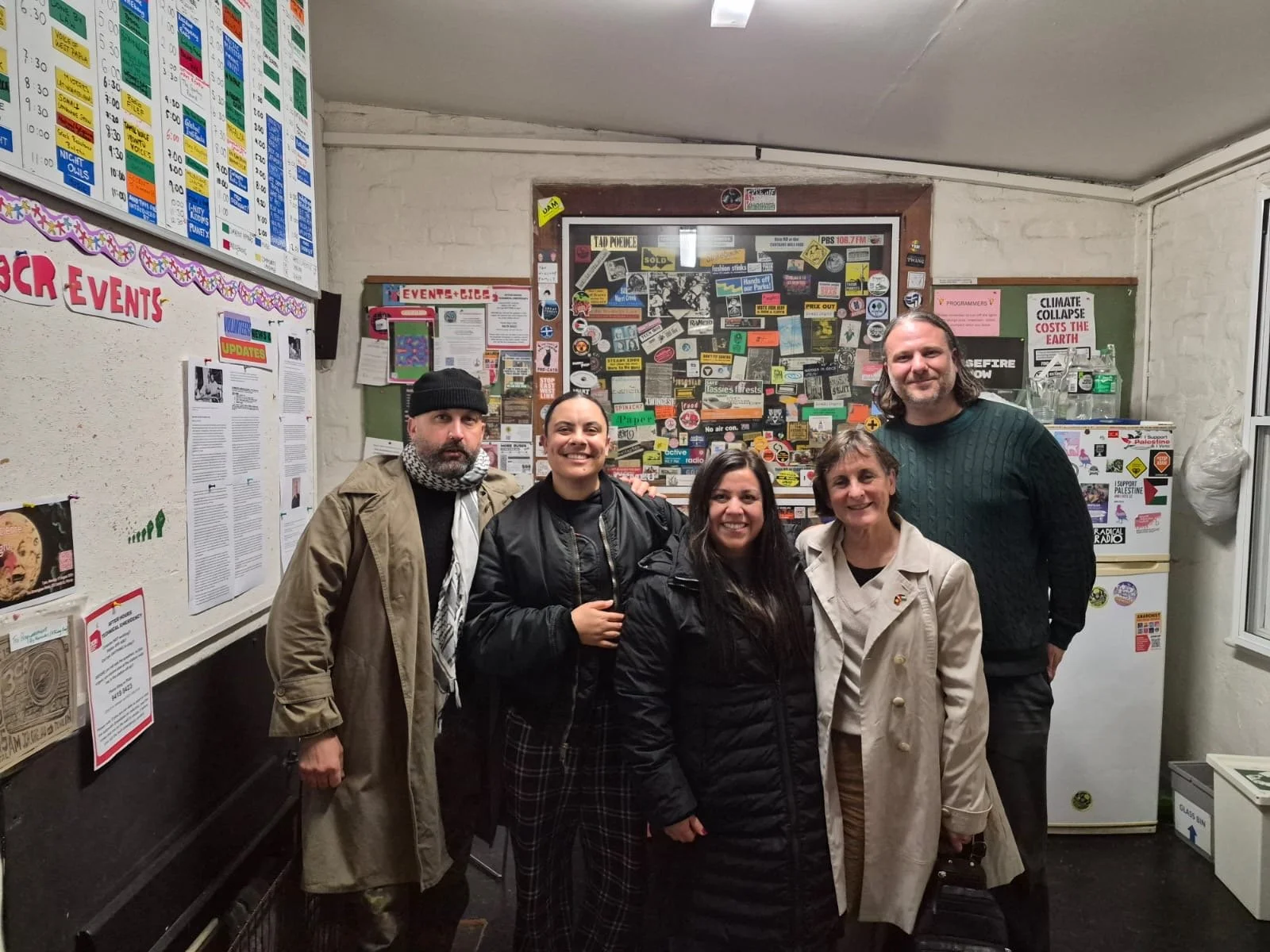 Pierre, Mililma May, Carla, Sarah Kell and Vito standing in 3CR Room.