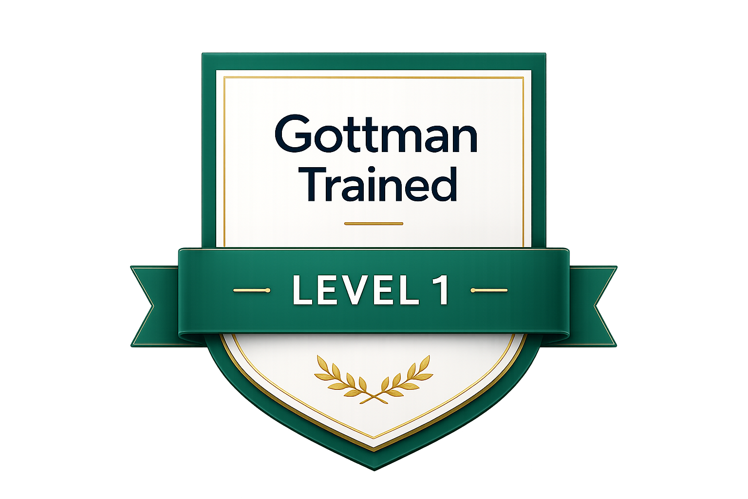 A badge with a green and gold border, featuring the text 'Gottman Trained' and a green ribbon with white text 'LEVEL 1' and decorative gold leaves underneath.