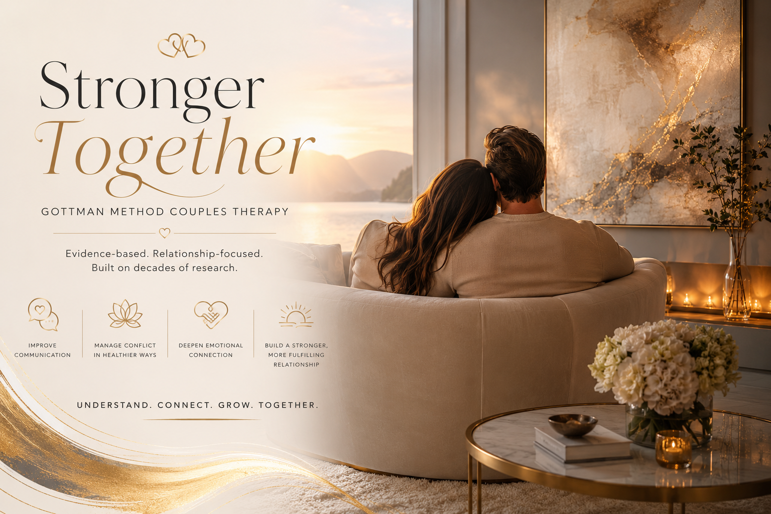 A couple sitting on a sofa, with a sunset view outside the window, promoting Gottman Method couples therapy with icons and text about improving communication, managing conflict, deepening emotional connection, and building stronger relationships.