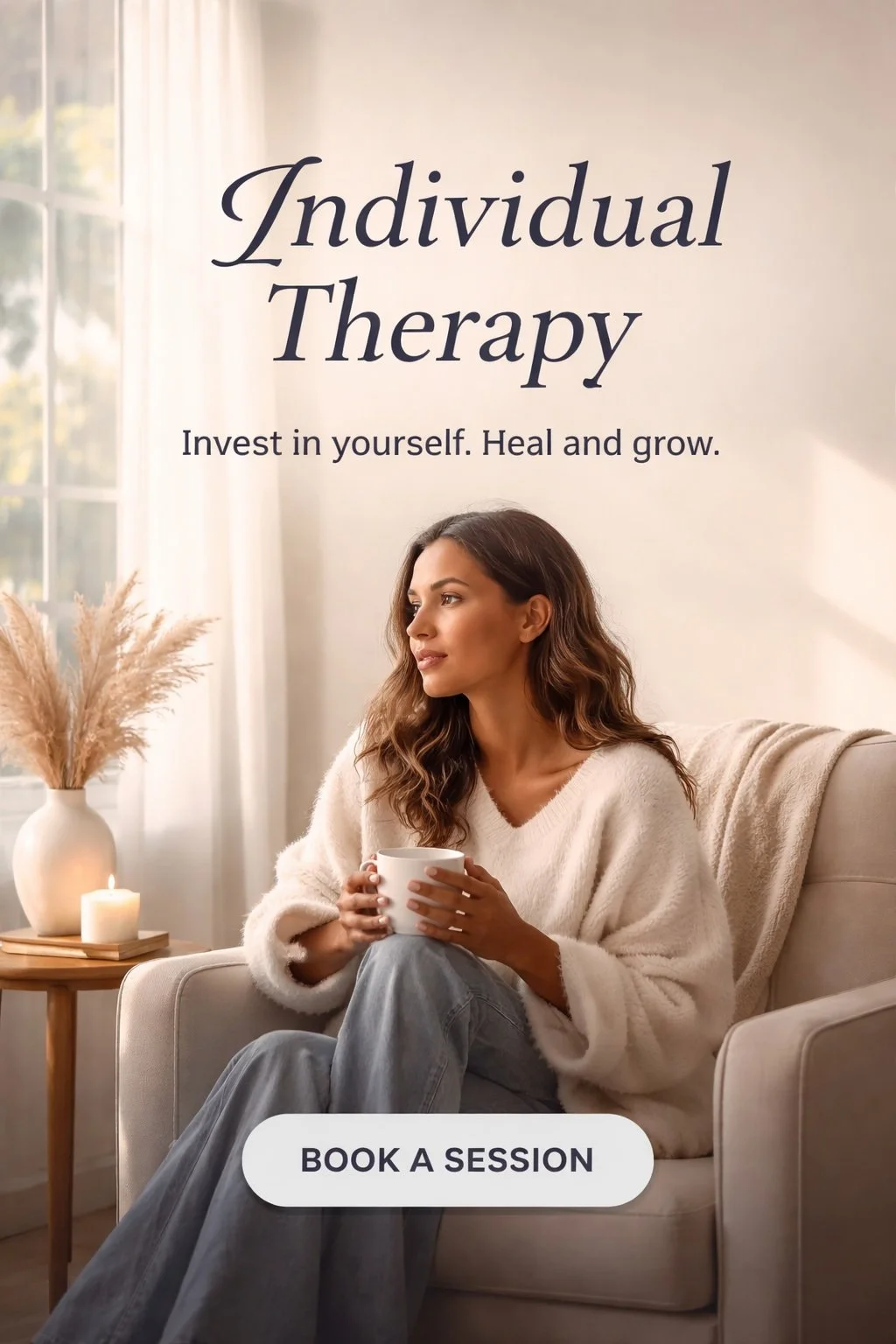 A woman sitting on a beige sofa, holding a white mug, in a cozy, softly lit room with a side table, candle, and decorative pampas grass, promoting individual therapy.