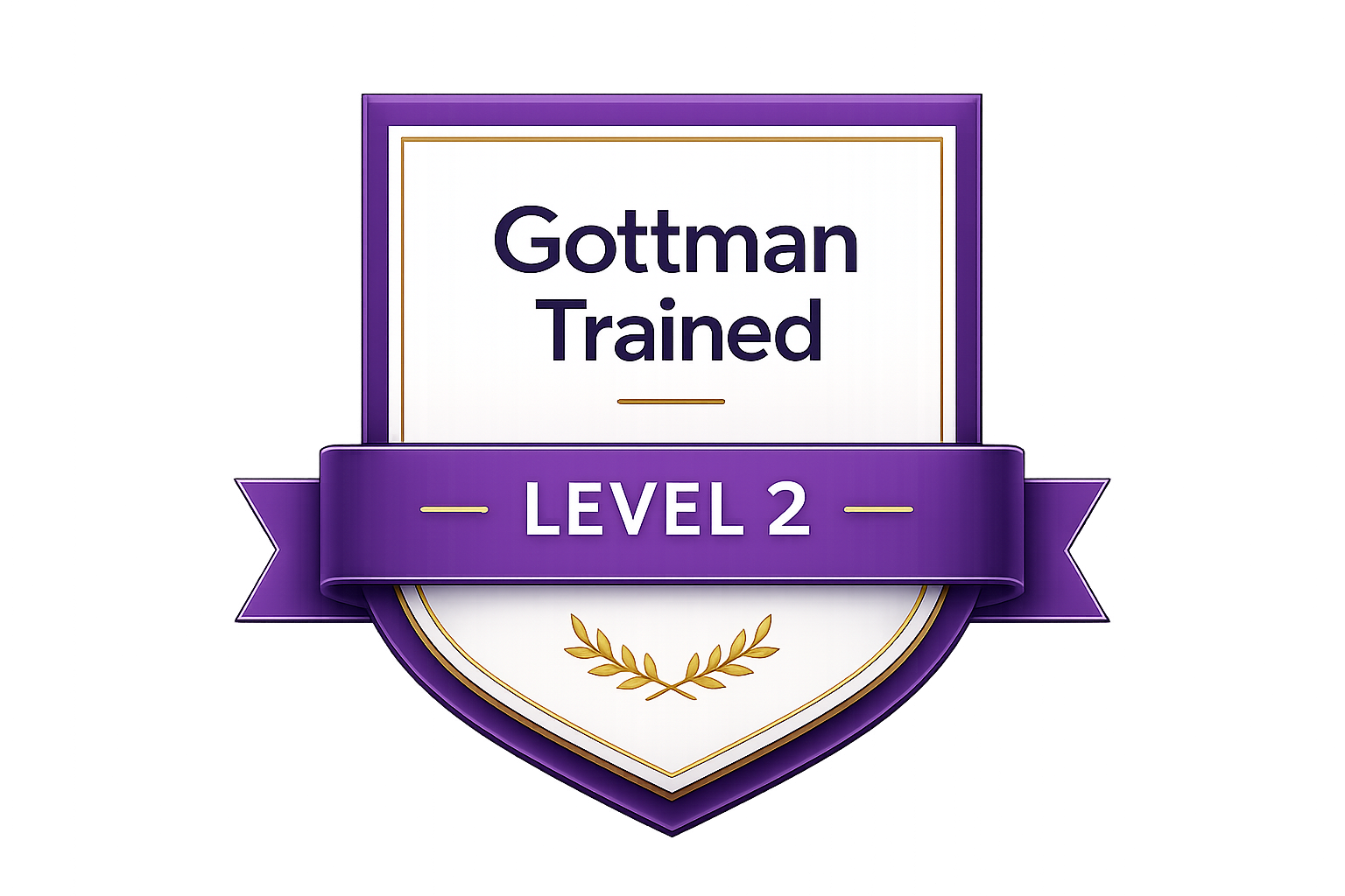 Purple and white badge with a ribbon that says 'Level 2' and a shield with the text 'Gottman Trained'.
