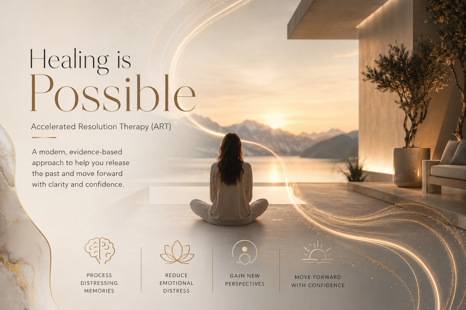 A woman sitting cross-legged on a balcony, facing a sunset over mountains and water, with an overlay of glowing energy lines and a calm, modern interior decor.