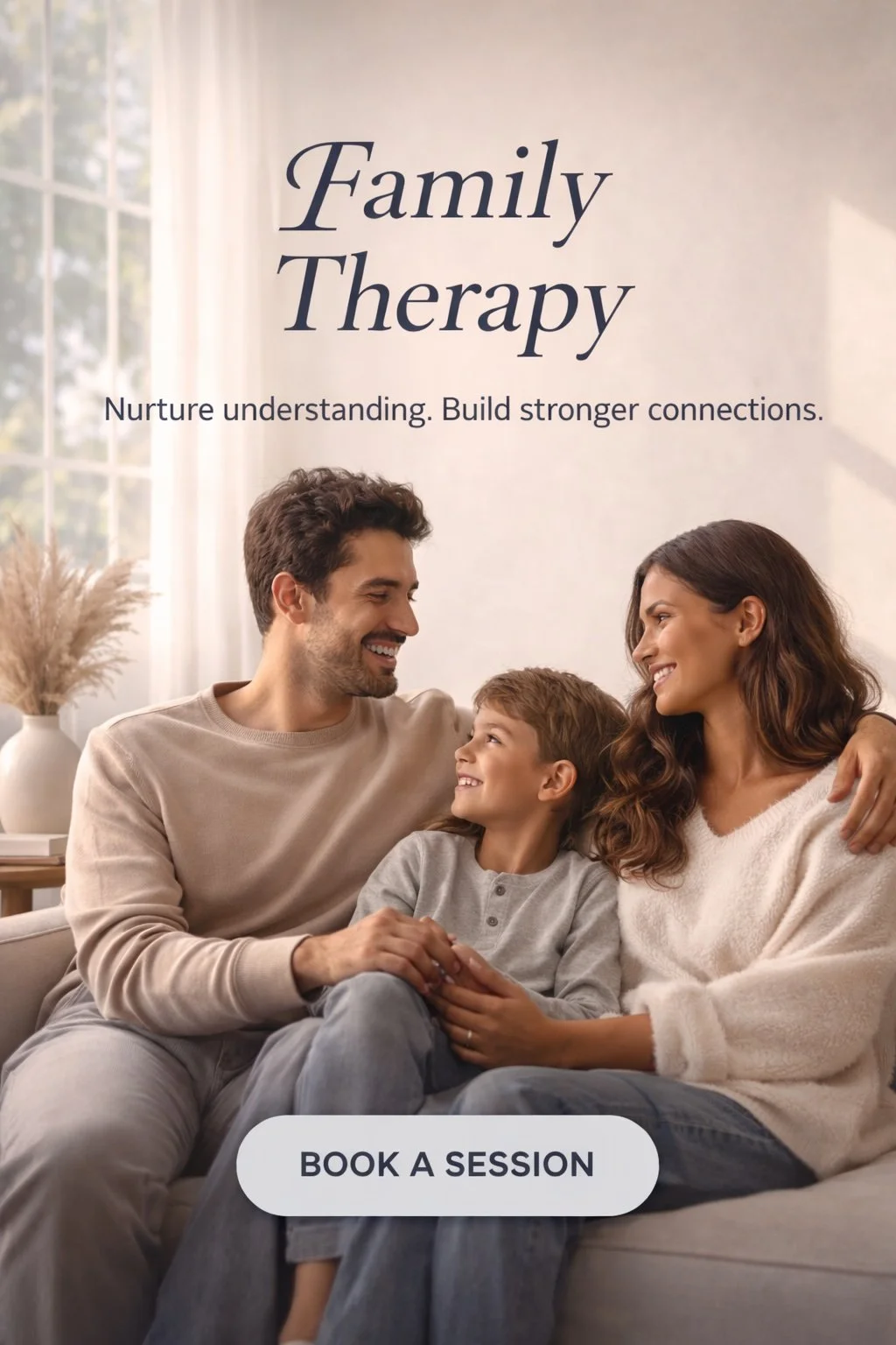 A family of three sitting on a sofa, smiling at each other in a well-lit room with a large window, with text about family therapy and a button that says "Book a Session."