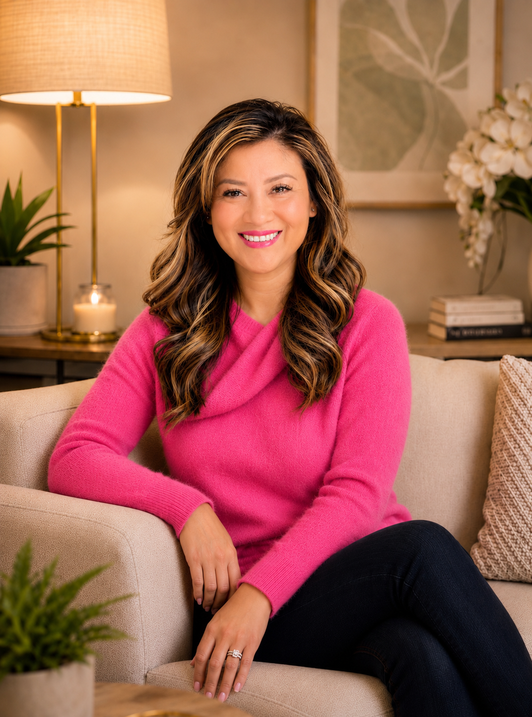 A woman with long wavy brown hair wearing a pink sweater, sitting on a beige couch in a cozy living room with a lamp, plants, and decorative items in the background.