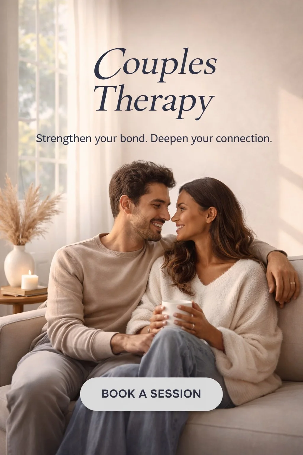 A man and woman sitting close together on a beige sofa, smiling and looking into each other's eyes, with the woman holding a white mug. The background shows a window, a vase with dried plants, and a lit candle. The text on the image reads 'Couples Therapy,' 'Strengthen your bond. Deepen your connection,' and a button saying 'Book a Session.'