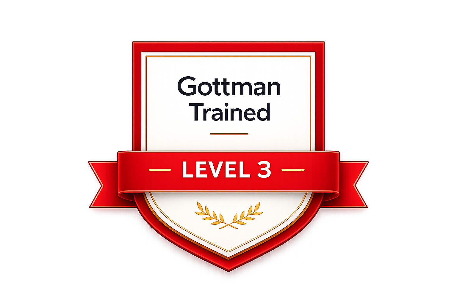 A badge with a white background and red border displaying the text "Gottman Trained" in black font. A red ribbon below it with the text "Level 3" in white font, and a small decorative olive branch below.