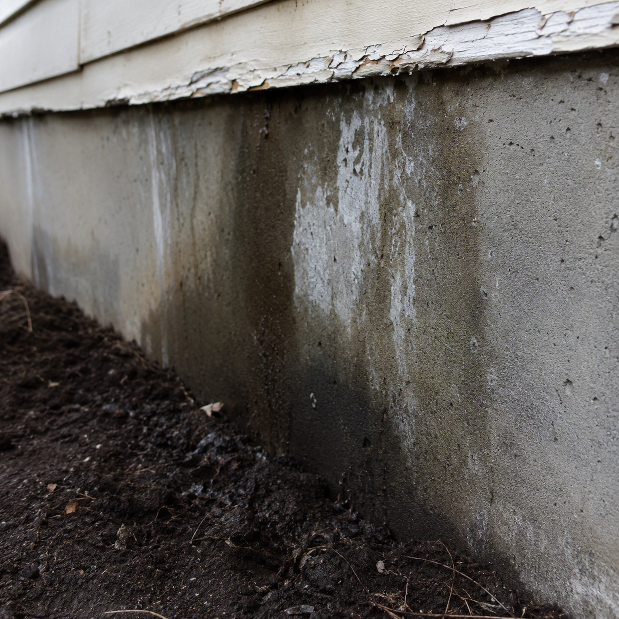 Bas de maison en béton avec peinture écaillée, salissures et humidité, sol en terre sombre avec de la poussière et de petits débris.