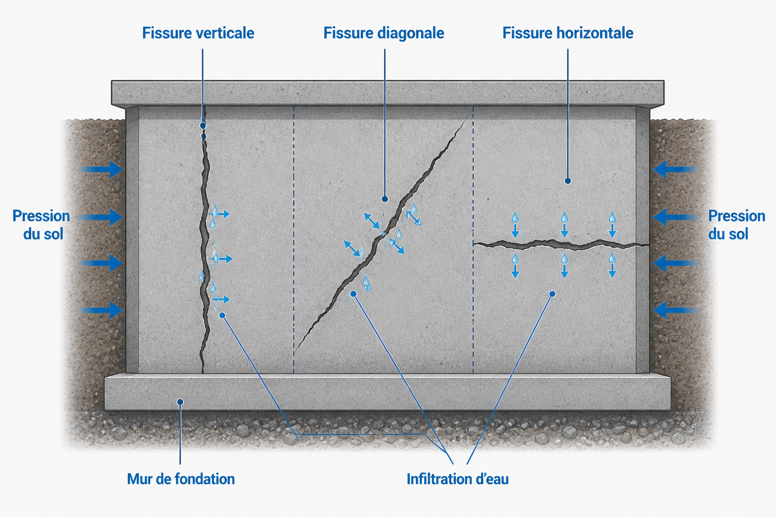 Schéma illustrant différents types de fissures dans une dalle en béton sous pression du sol, avec des indications pour fissures verticales, diagonales et horizontales, ainsi que l'infiltration d'eau à travers ces fissures, montrant la pression du sol agissant sur la structure.