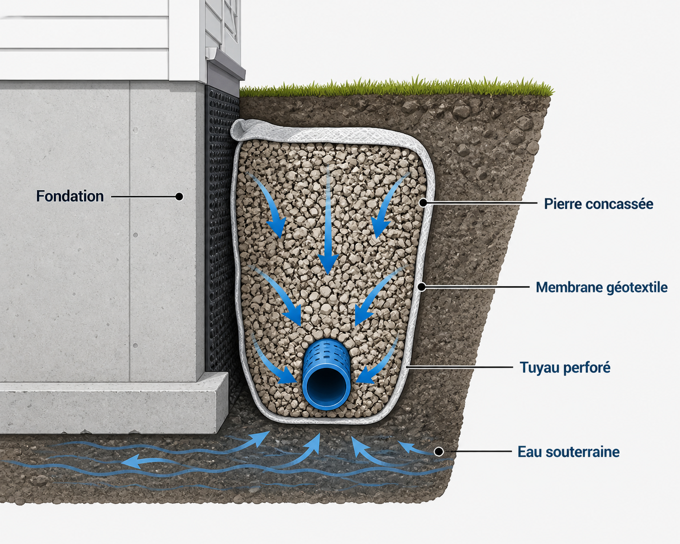 Schéma d'une installation de drainage sous une maison, montrant la fondation, une pierre concassée, une membrane géotextile, un tuyau perforé, et la circulation de l'eau souterraine vers un système de drainage.