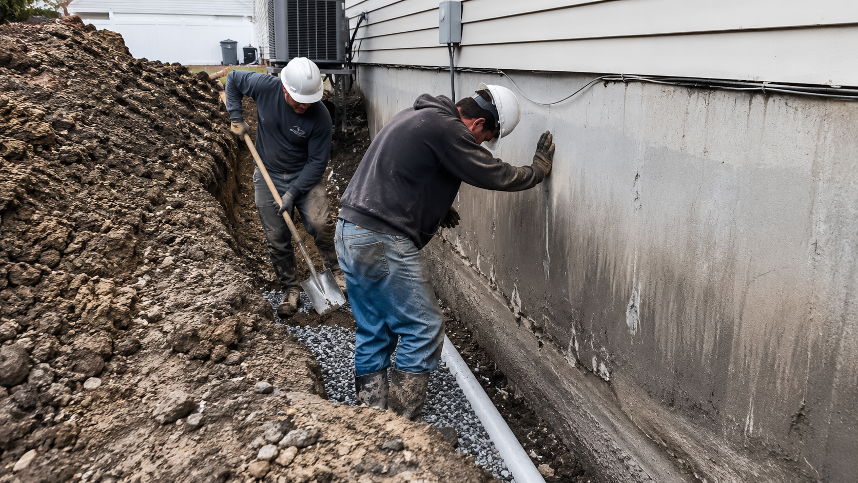 Deux ouvriers en casque travaillent à l'installation d'une canalisation le long d'un mur extérieur d'une maison, avec de la terre excavée à proximité.