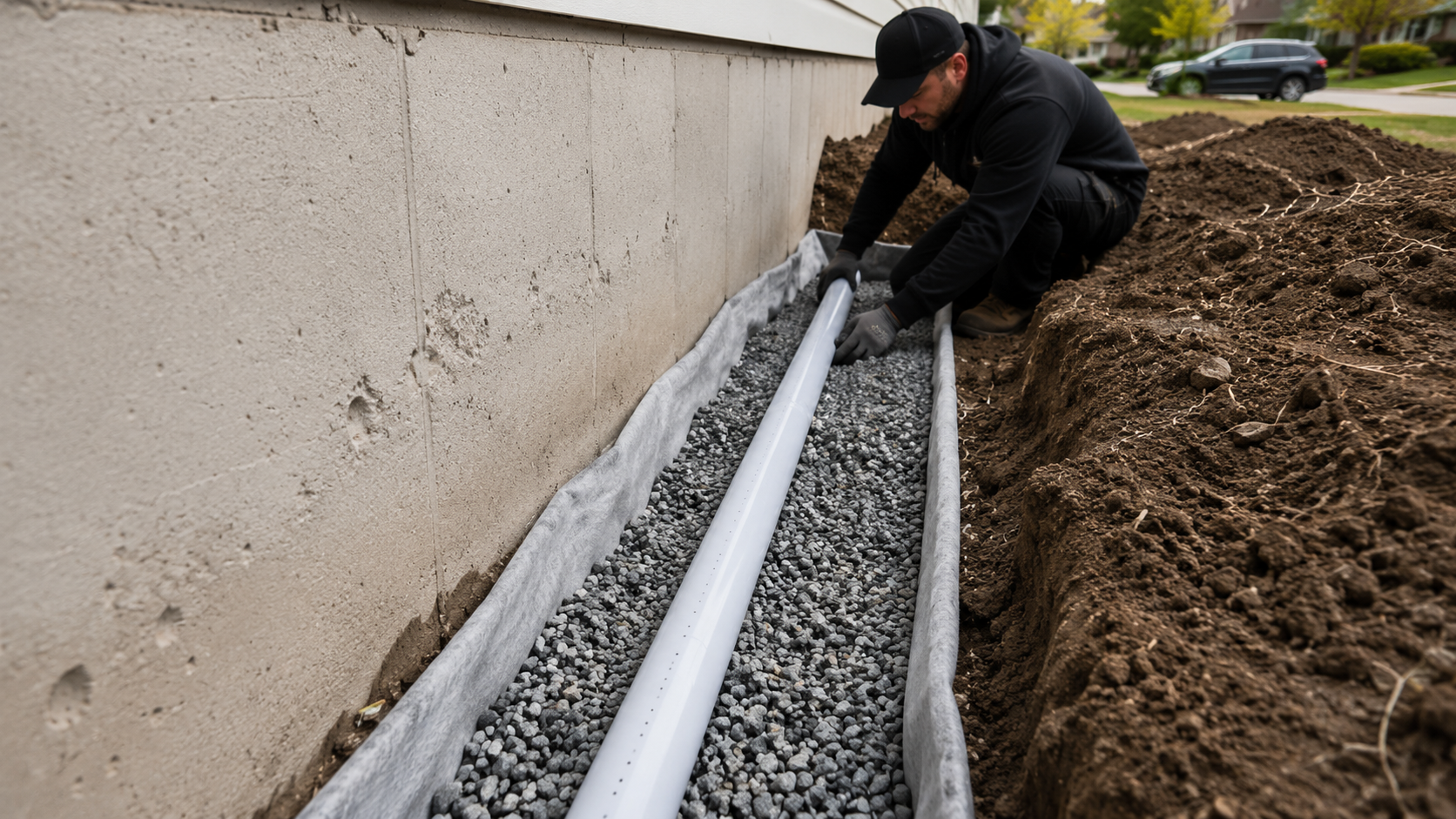 Homme en vêtements noirs installant une canalisation blanche le long d'une maison, dans une tranchée remplie de gravier, sous un ciel nuageux, dans une zone résidentielle.