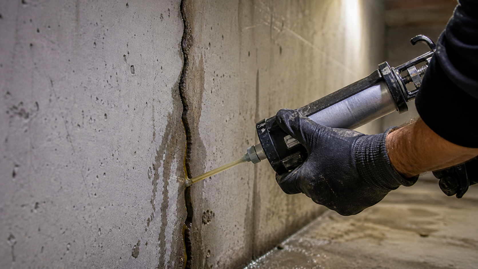 Une personne utilisant une seringue à calfeutrer pour sceller une fissure dans un mur en béton armé.