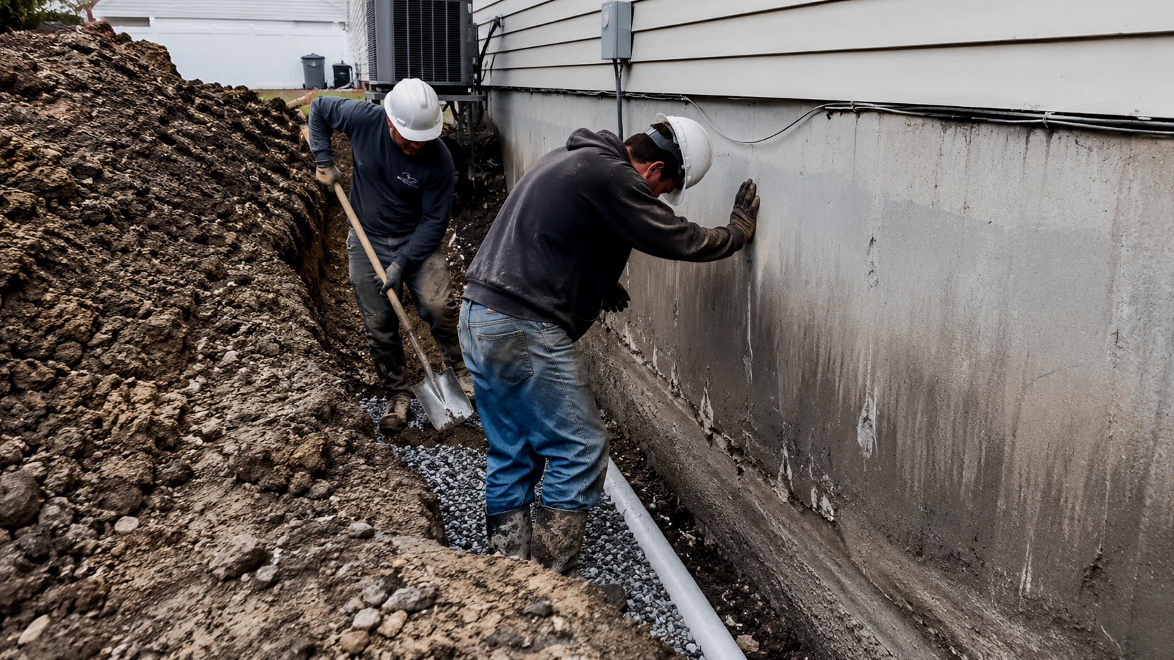 Deux ouvriers en casques de sécurité travaillent à poser un tuyau en PVC le long du mur d'une maison, dans une excavation.