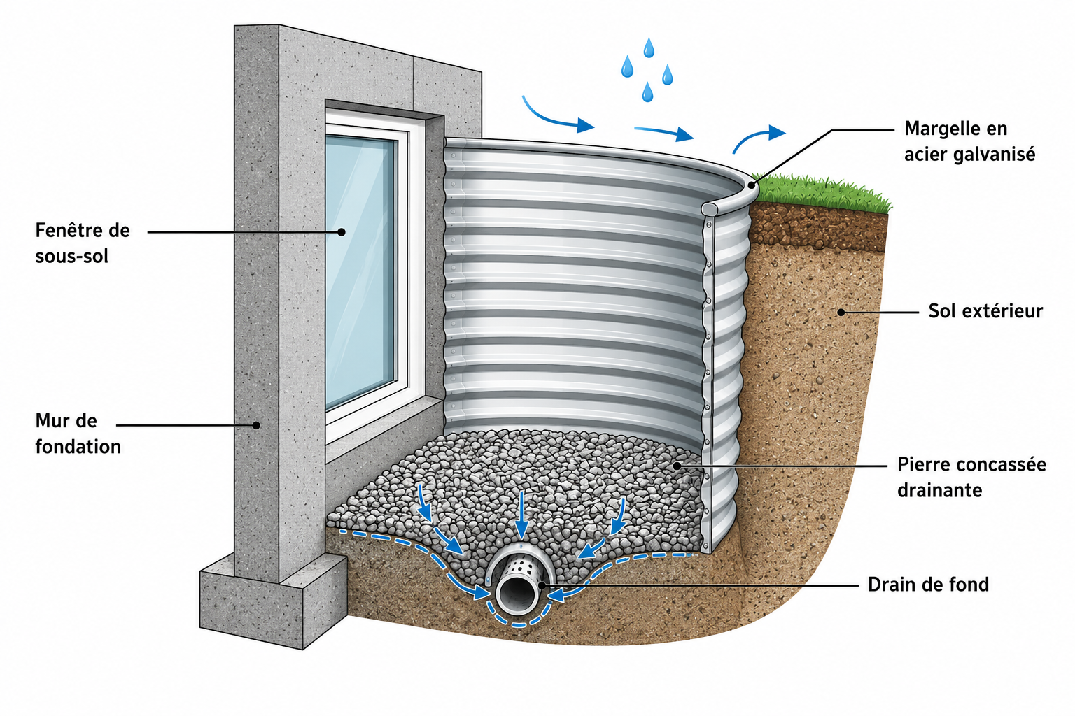 Schéma d'un système de drainage pour sous-sol avec une fenêtre de sous-sol, une fondation en béton, une margelle en acier galvanisé, un sol extérieur, une pierre concassée drainante, un drain de fond, et un drain qui évacue l'eau vers l'extérieur.