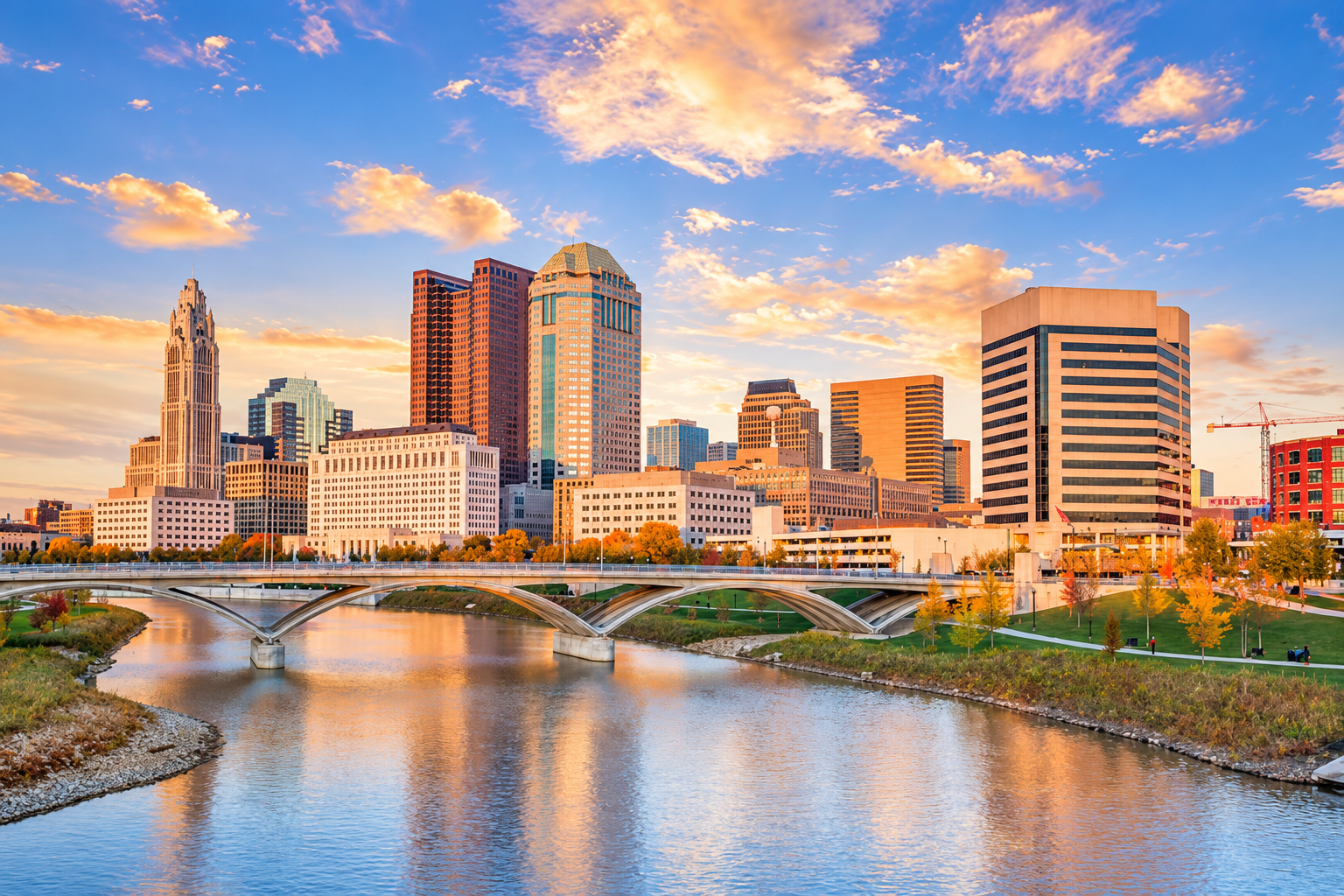 Sunset over a city skyline with tall buildings, a river, and a bridge, with orange and blue sky and clouds.