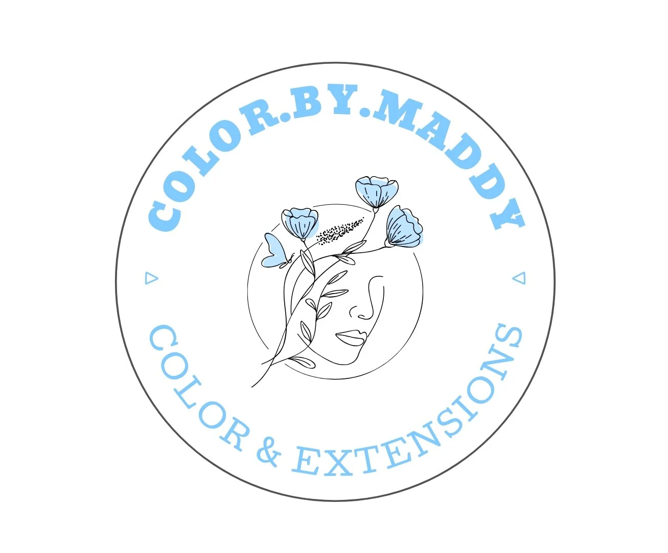 Logo for Color.by.Maddy, a color styling and extension service, featuring a minimalist line art face with blue flowers and a butterfly, surrounded by light blue text.