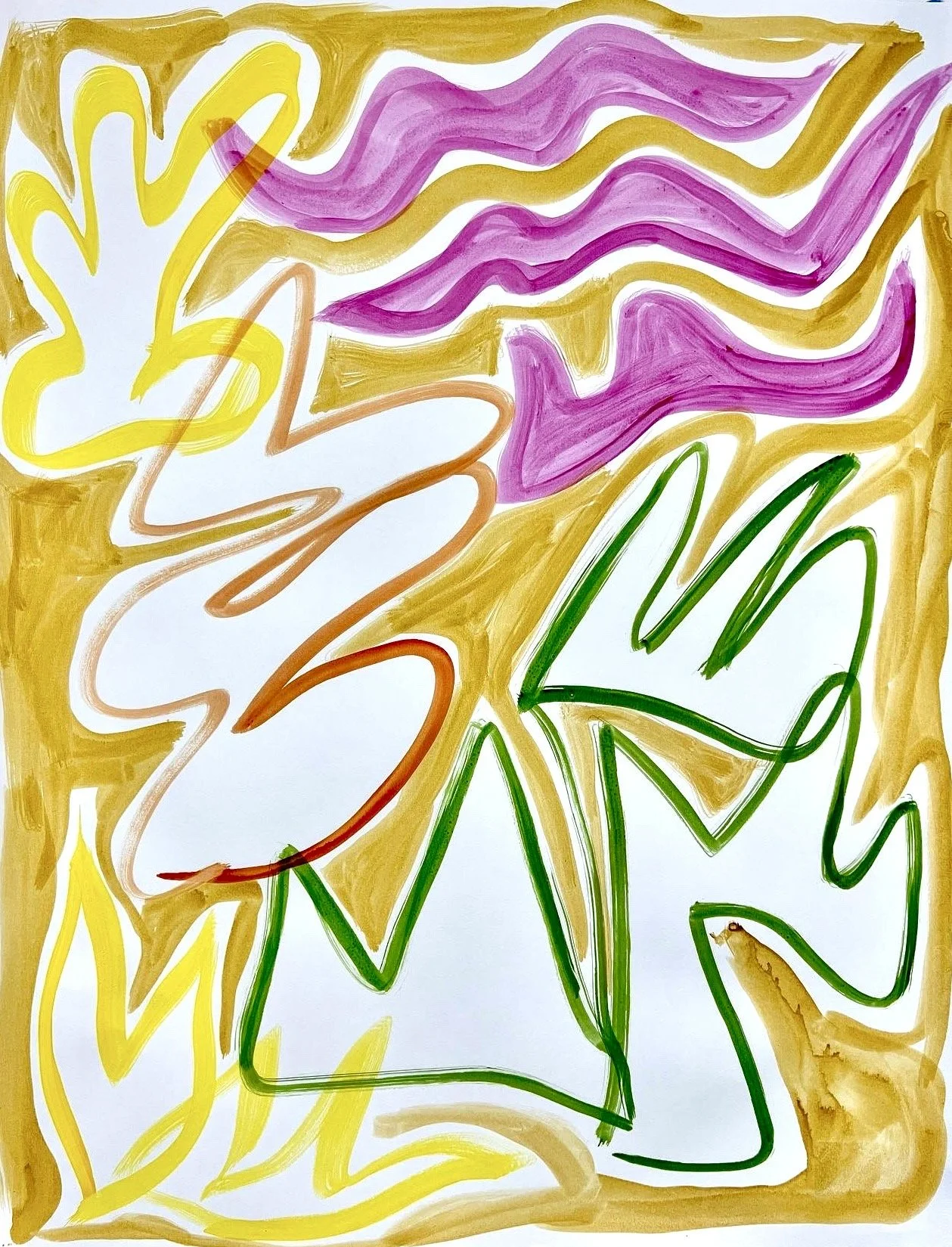 Abstract drawing with colorful swooping lines in yellow, purple, red, orange, and green on a white background.