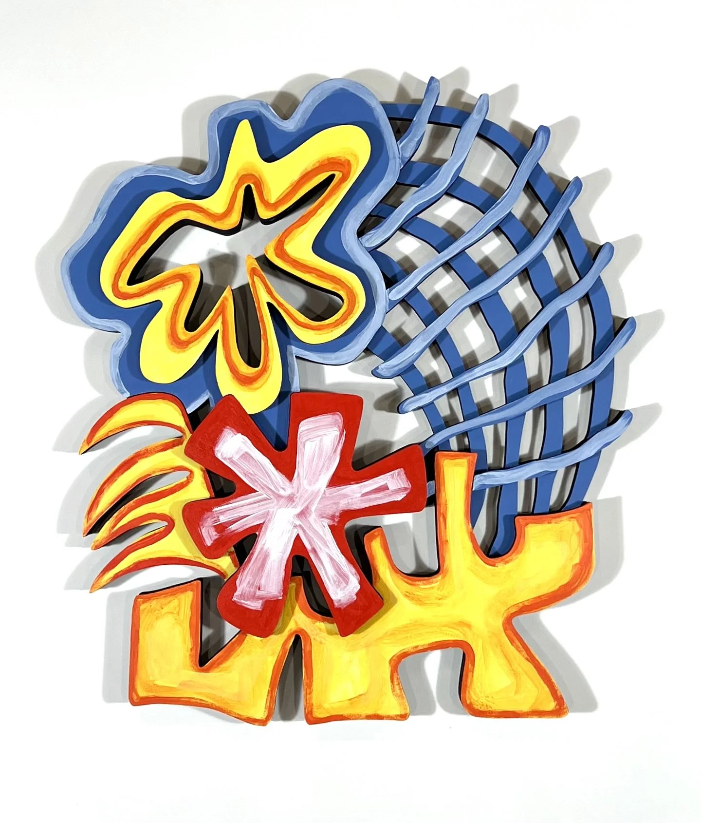 Colorful abstract art with neon-like flower and star shapes in blue, red, yellow, pink, and black, on a white background.