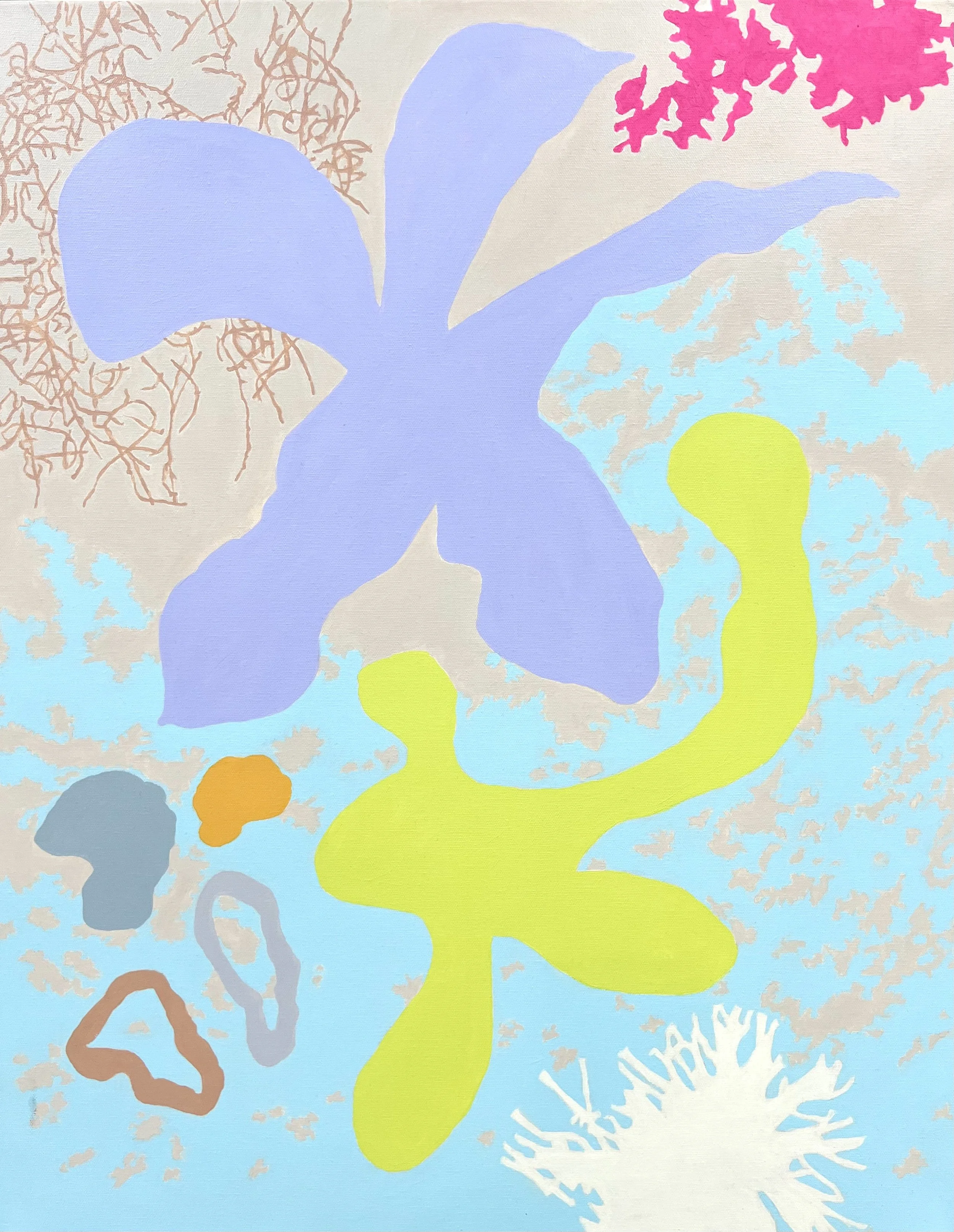 Abstract artwork featuring colorful organic shapes and coral-like patterns against a light background.