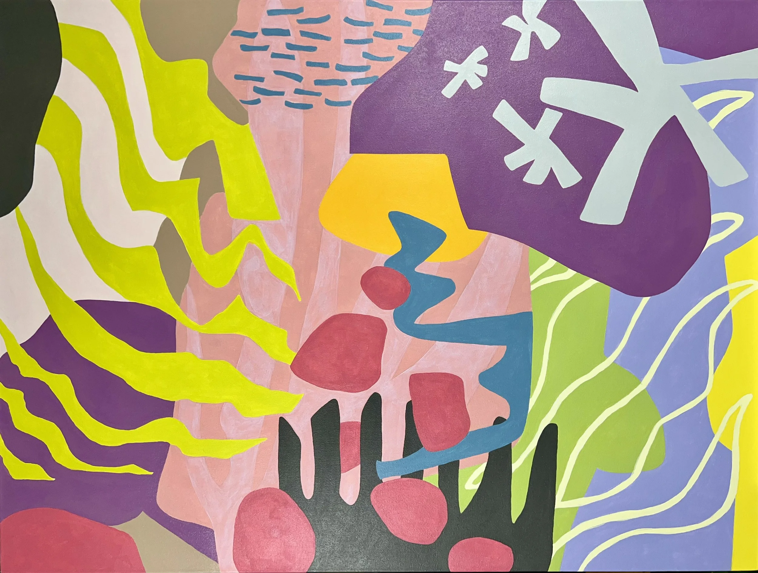 Abstract colorful painting featuring various organic shapes and patterns in shades of purple, pink, green, yellow, red, blue, black, and white.