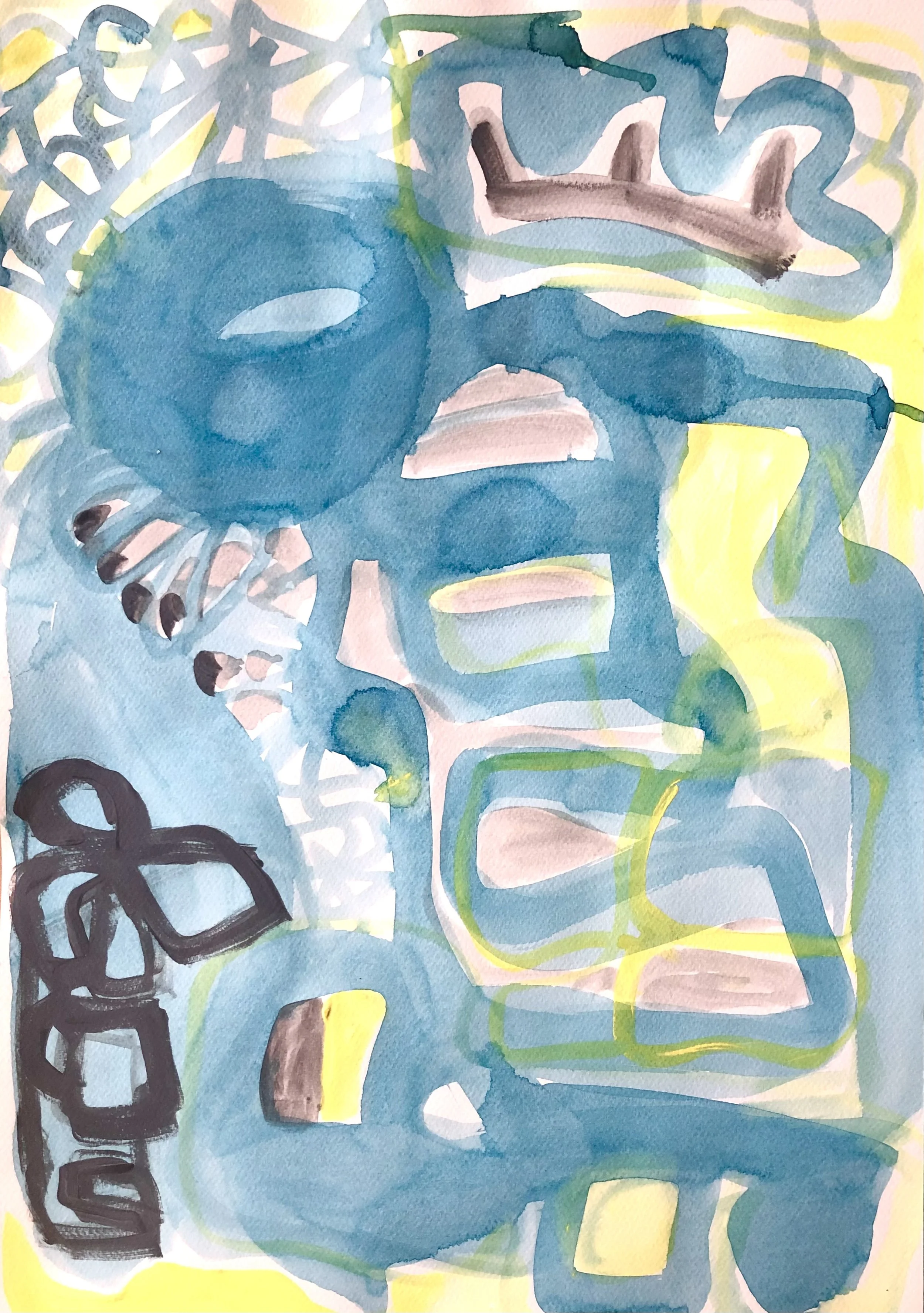 Watercolor painting of a girl with glasses, surrounded by abstract shapes in shades of blue, yellow, pink, green, and black.