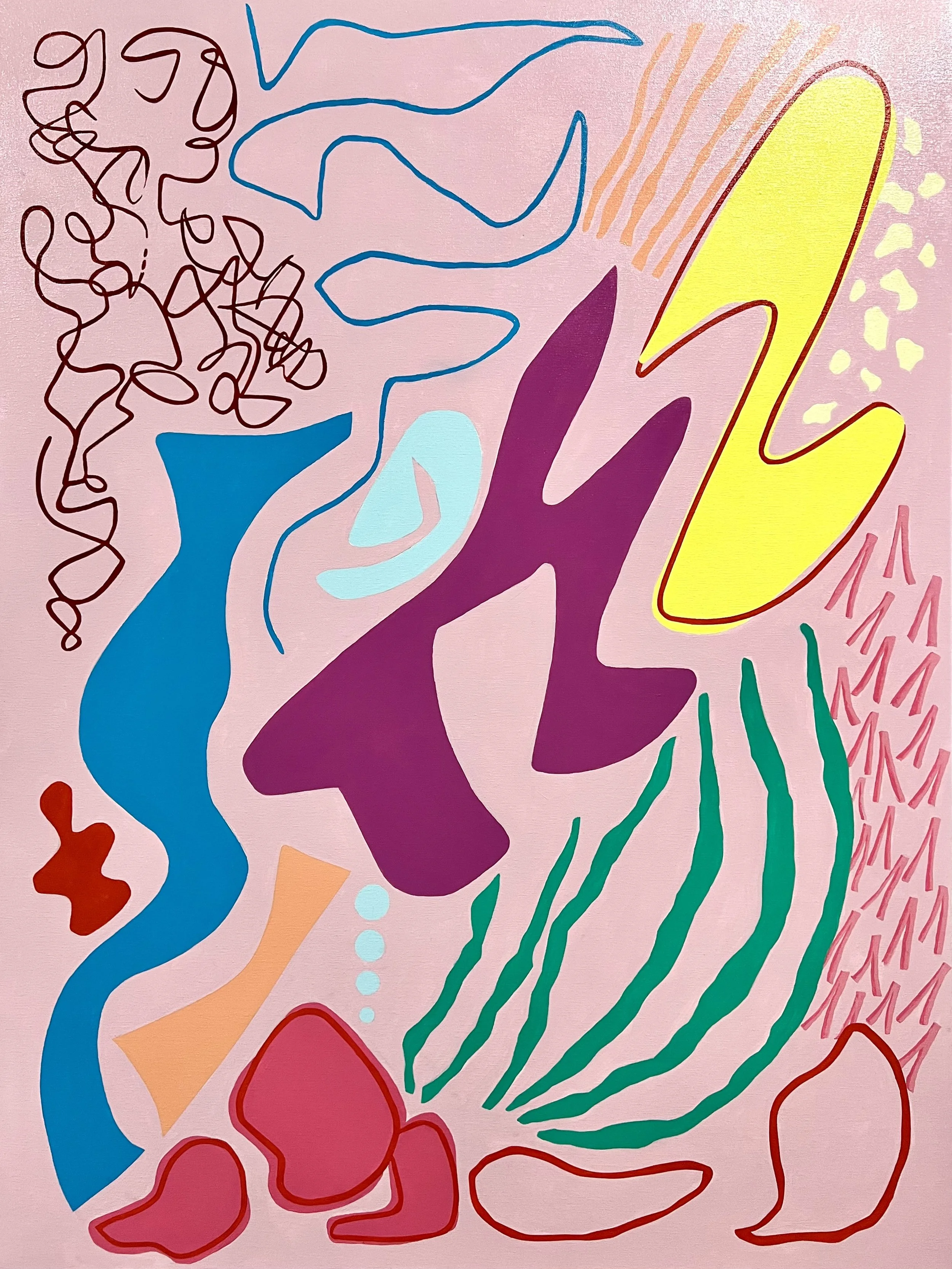 Abstract colorful drawing with various shapes and lines on a pink background, including a yellow lightning bolt, green curved lines, purple and blue irregular shapes, and red outlines.