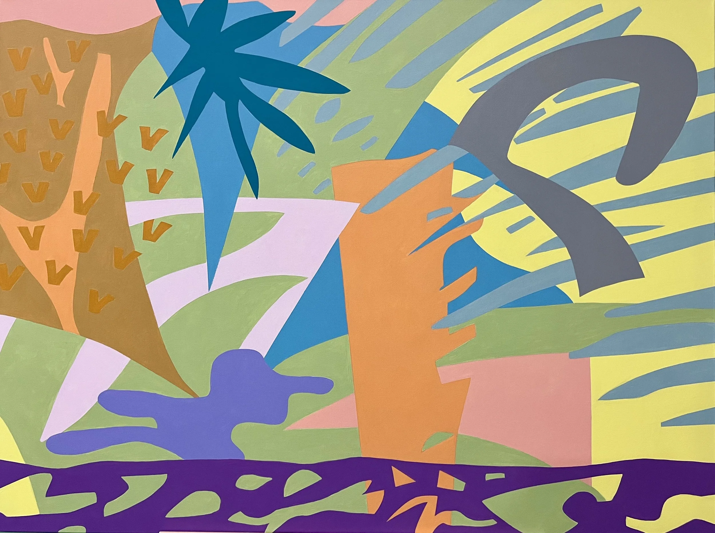 Abstract colorful illustration with shapes resembling trees, plants, and foliage in shades of blue, green, yellow, orange, purple, and pink.