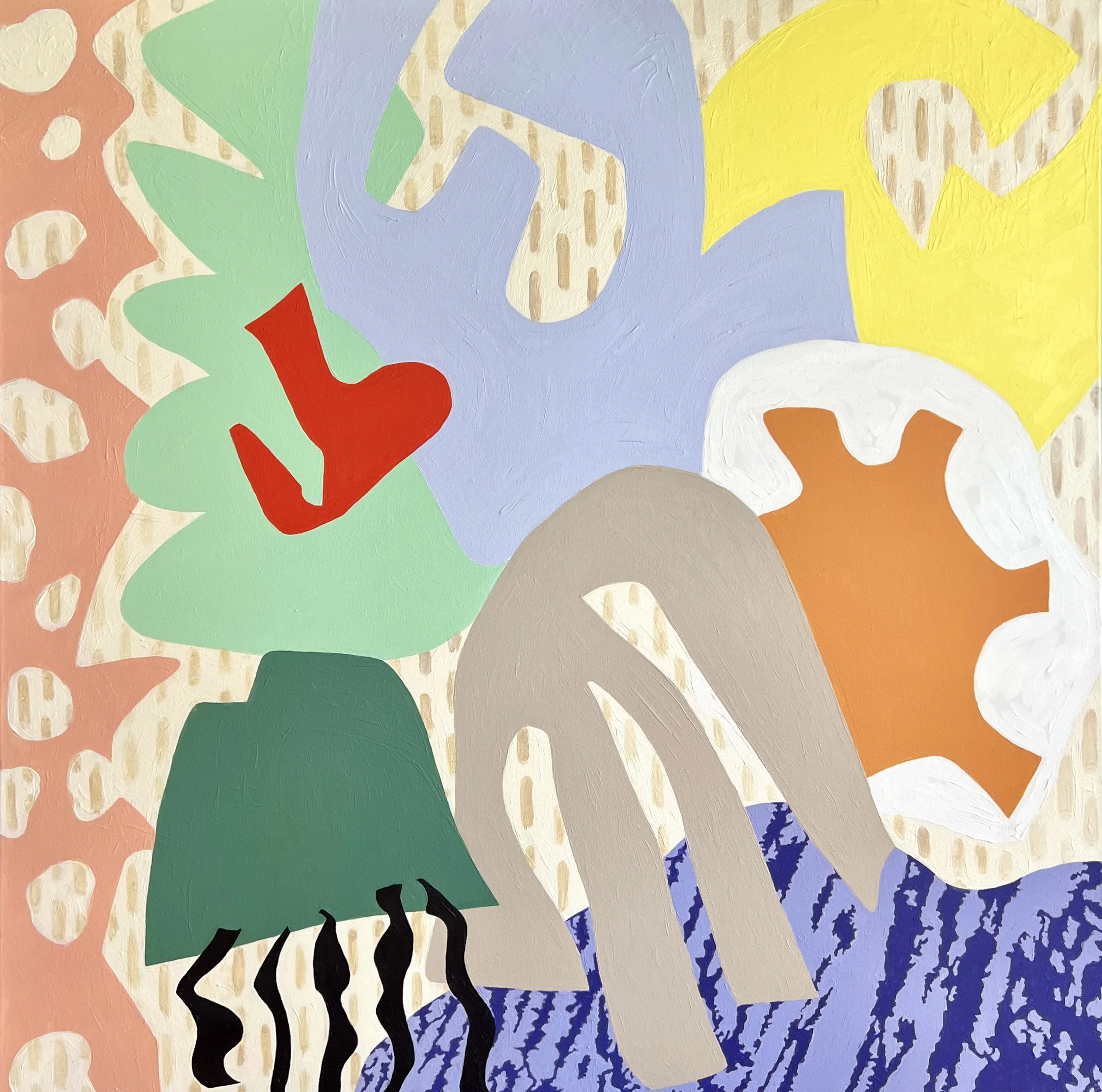 Abstract painting with colorful organic shapes, featuring a red check mark on a green shape, against a beige background with various textured patterns.