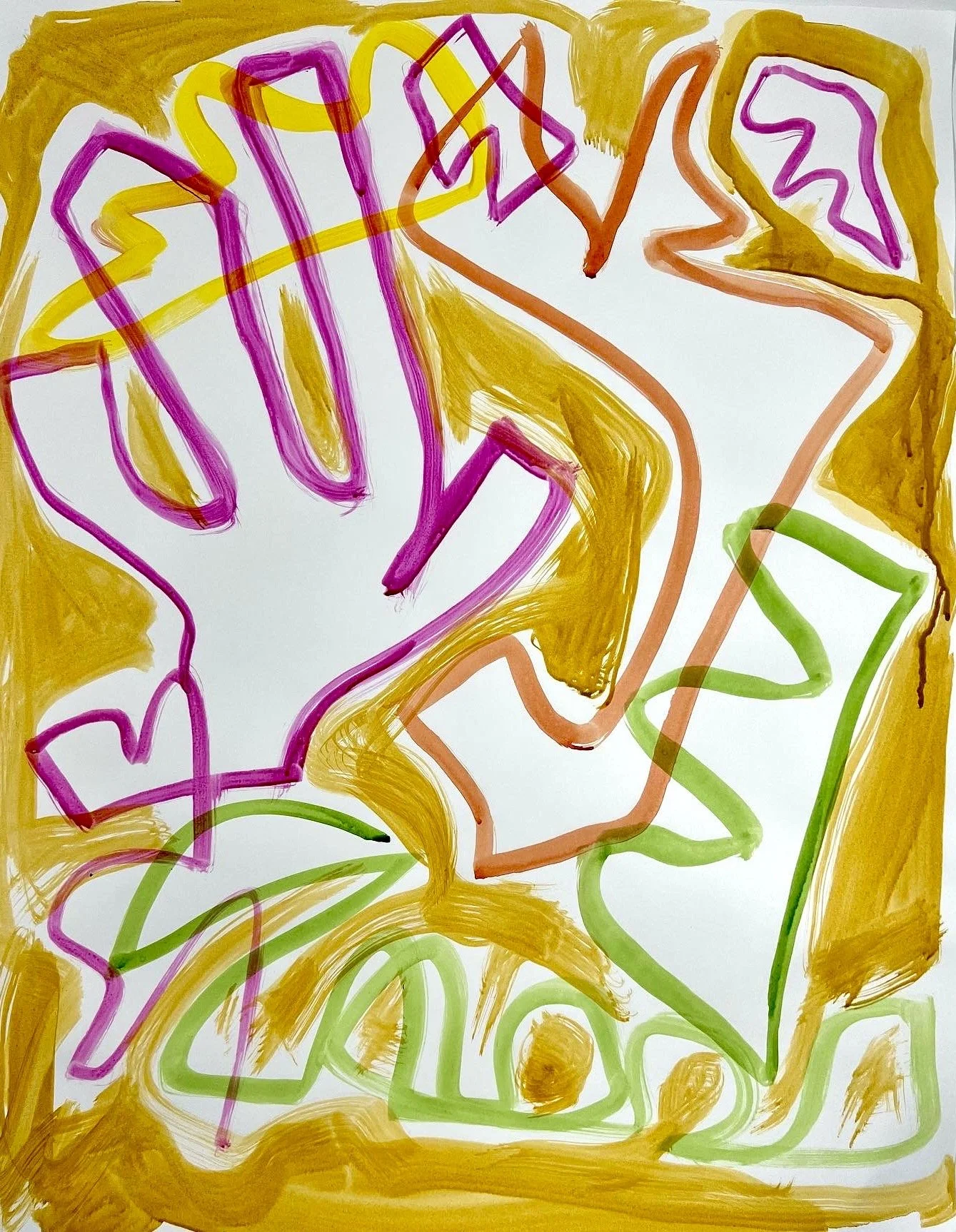 Colorful abstract drawing featuring multiple hand outlines in purple, orange, and green with yellow and brown background accents.