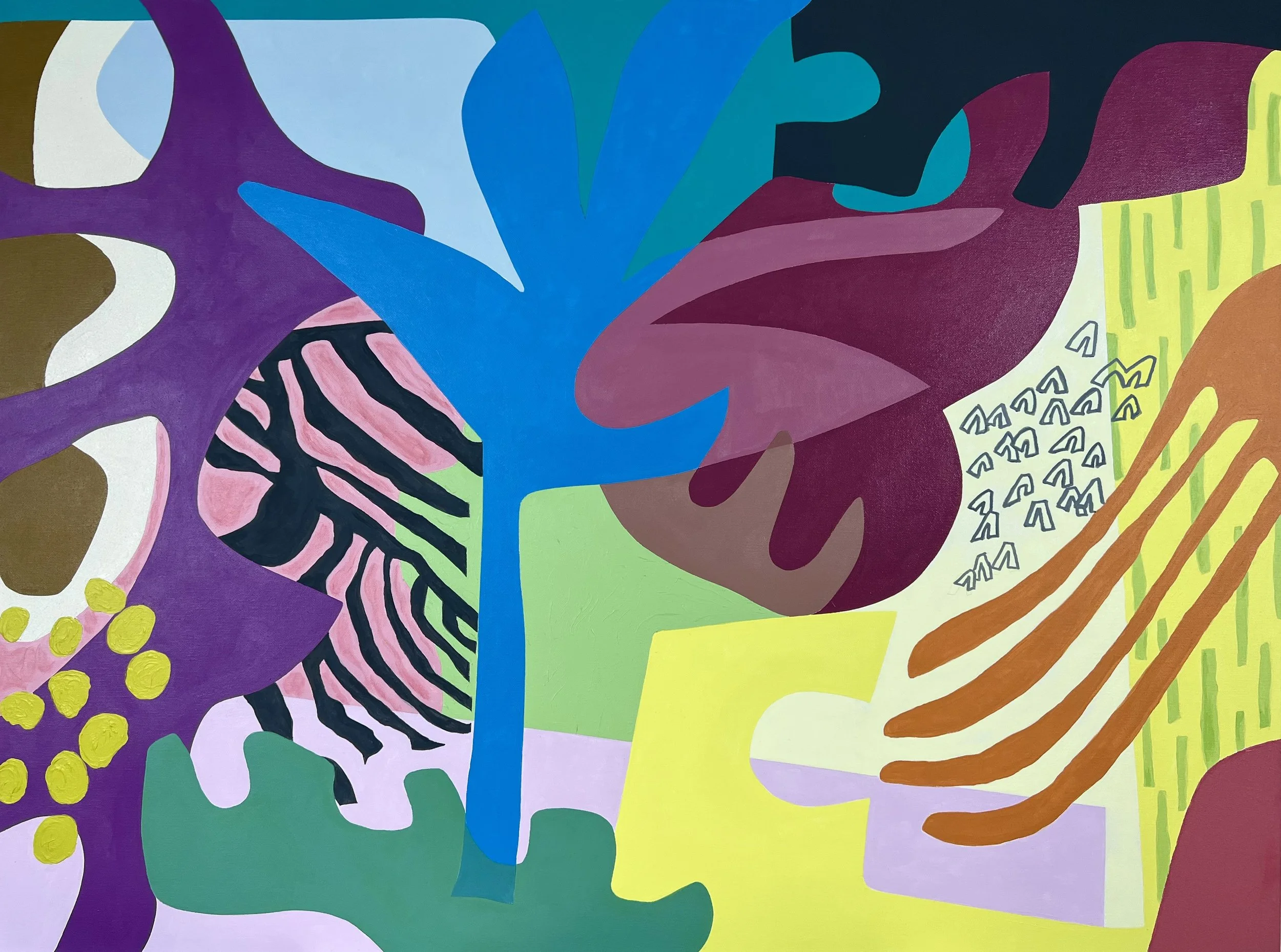 Abstract colorful artwork with various shapes and patterns in purple, blue, green, yellow, pink, black, and brown.